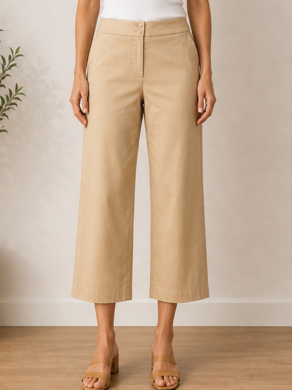 Doncaster Khaki Cropped Wide Leg Pants Size 14 Stretch Cotton